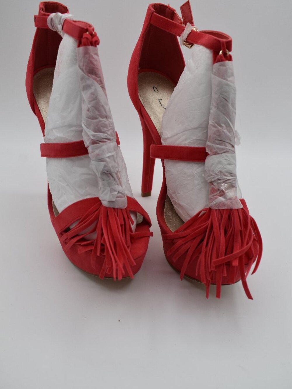 New in Box 7.5 Pink/Coral Fringe Platform Stiletto Heels by C. Label Open Toe